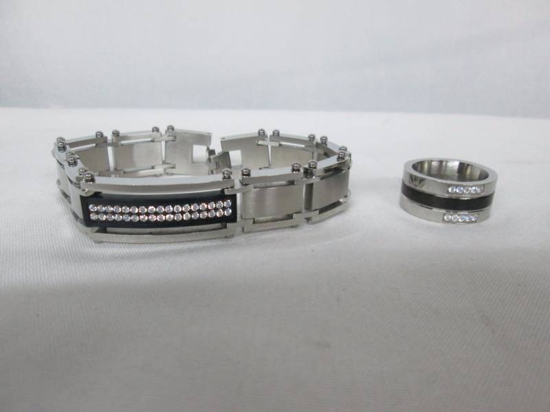 lot 95 image: Stainless Steel Mens CZ Bracelet & Ring Set
