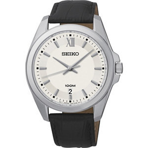 lot 42 image: Seiko Mens Silvertone Black Leather Classic Watch