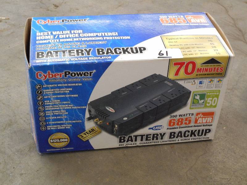 lot 61 image: Cyber Power 390 Watt Battery Backup...