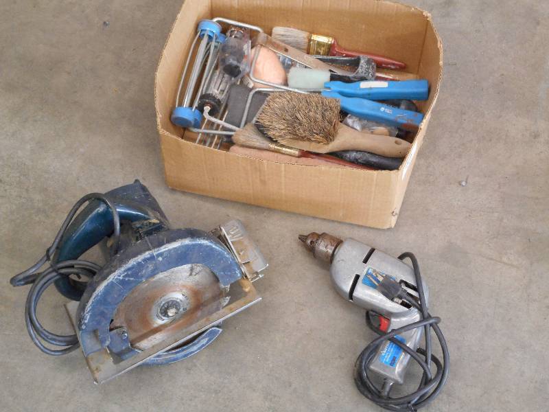 lot 77 image: Box Of Circular Saw, Drill, Misc P...