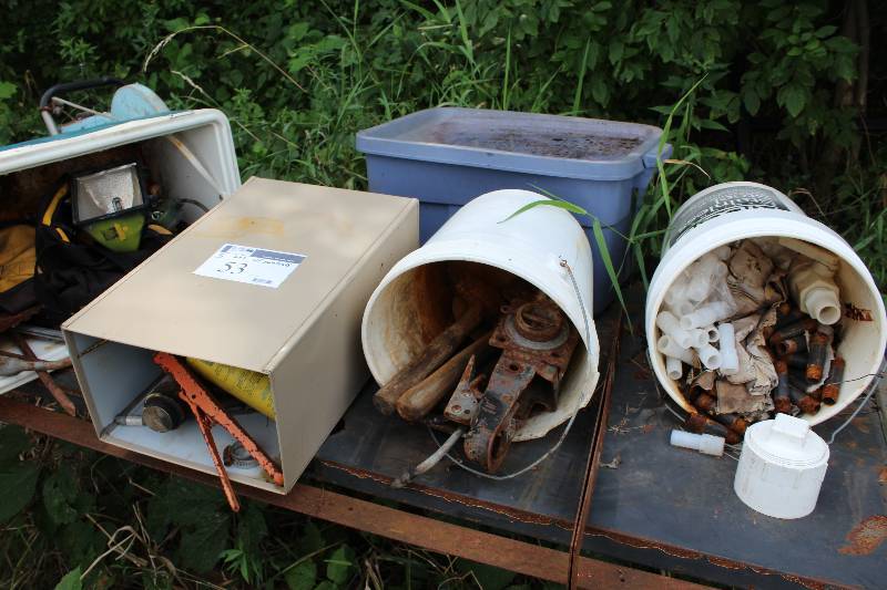 lot 53 image: Container Lot of (5) Including Contents Light Fixture Bag Tire Iron And More.