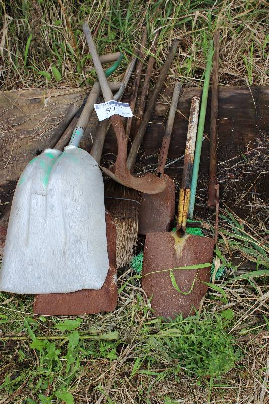 lot 59 image: Tool Lot Including Metal Snow Shovel Axe Brooms And More.