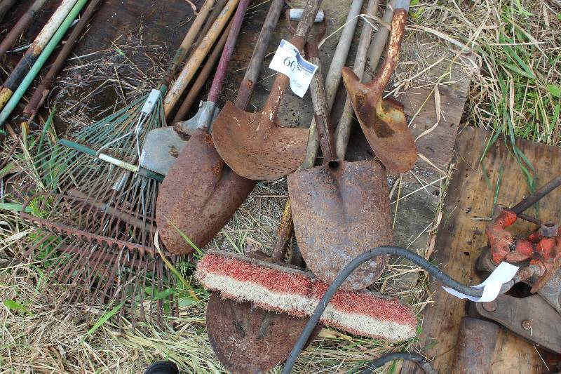 lot 60 image: Tool Lot Including Metal Shovels Push Broom Metal Rakes And More.