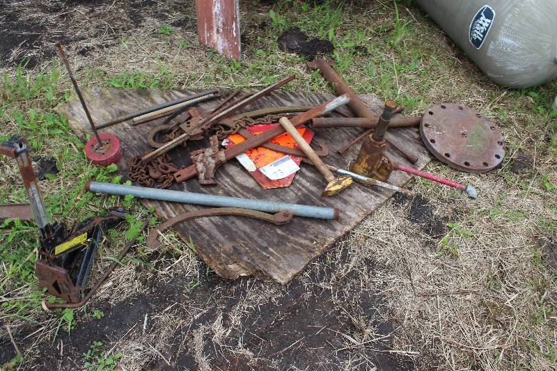 lot 73 image: Floor Lot Including Hammer Metal Piping Chain wAttachment Pump Jack And More.