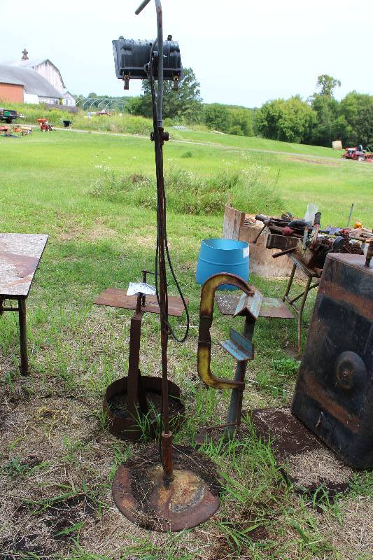 lot 67 image: Lot of (3) Including Metal Stands (2) Light Fixture wMetal Stand 15 x 9 x 37, 17.5 x 14 x 36 Stands 80 Height Light.