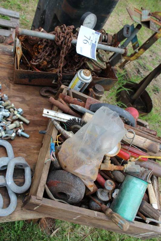 lot 76 image: Bin Lot of (2) Including Chain wHook Metal Wrenches Pressure Gauge And More.