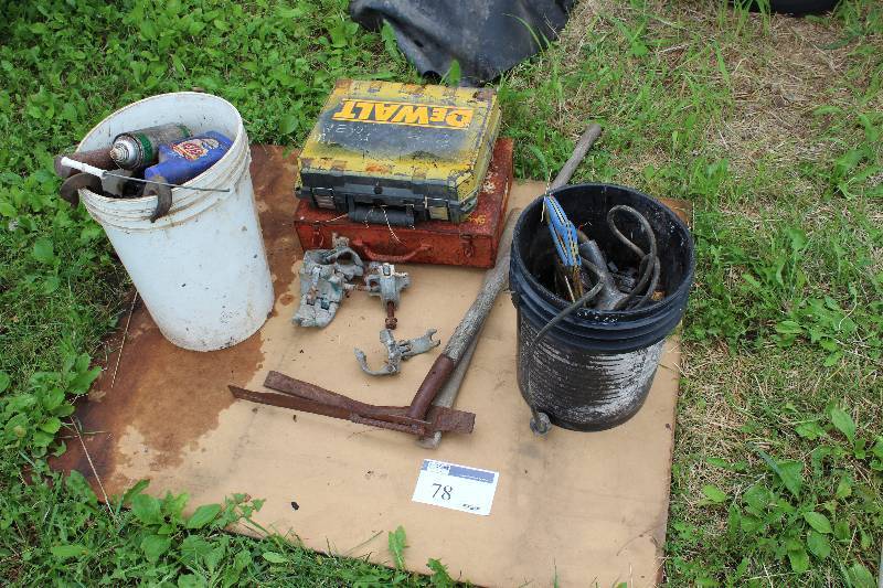 lot 78 image: Floor Lot Including DeWalt Tool Case Metal Pick Axe Miscellaneous Hardware And More.