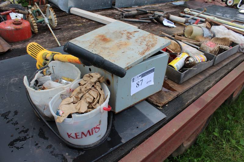 lot 87 image: Table Lot Including Spray Cans Brush Bike Pump Tape Measure And More.