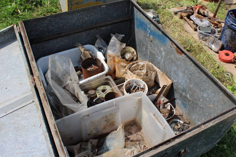 lot 104 image: Contents of Metal Container Including Miscellaneous Hardware Hammer Pressure Gauge And More.