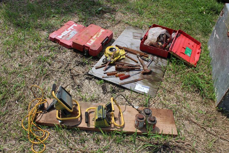 lot 103 image: Floor Lot Including Halogen Light Fixtures (2) Metal Hammer Screw Drivers Drill Case wContents And More.