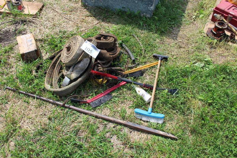 lot 105 image: Floor Lot Including Fan Blade Push Broom Automotive Windshield WipersScrapers And More.  Does NOT include 6 Metal Pry Bar.