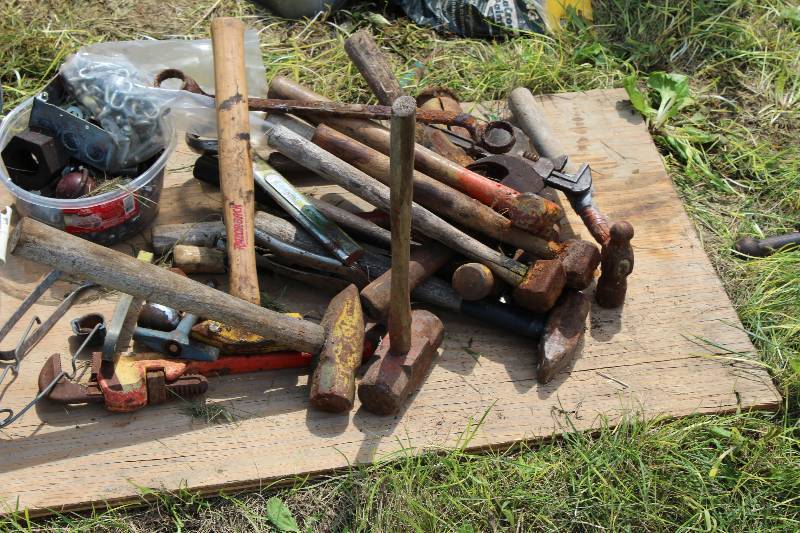 lot 107 image: Tool Lot Including Tool Box Hammers Wooden Dowels And More.