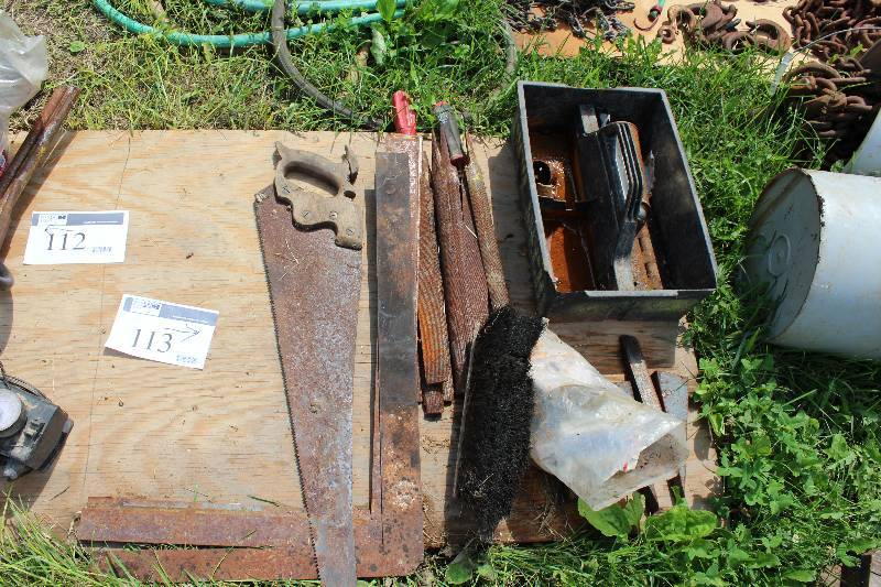 lot 113 image: Floor Lot Including Metal Saw Lawn Mower Blades Divided Container wHandle And More.