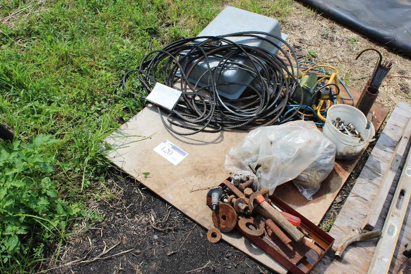 lot 120 image: Floor Lot Including Rubber Belts Metal Hammer Bin Of Miscedllaneous Hardware Light Fixtures And More.