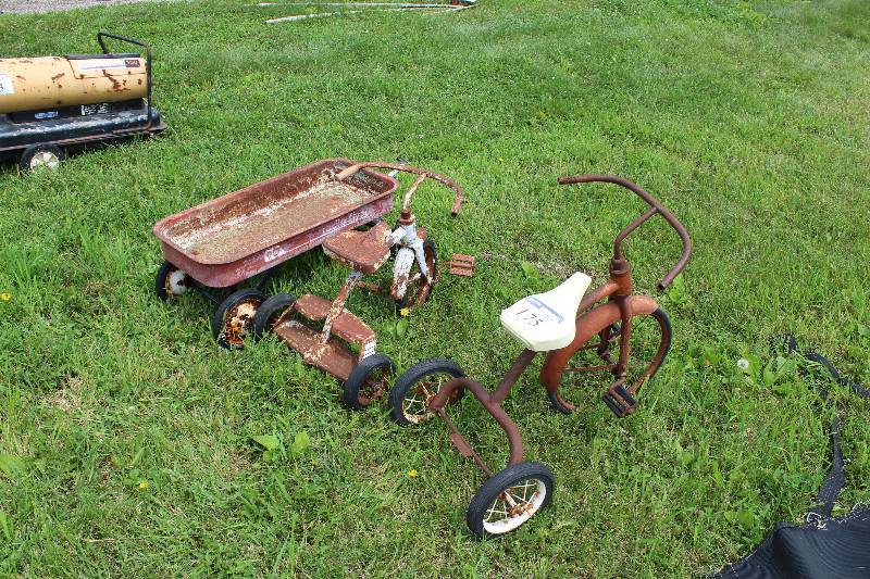 lot 175 image: Lot of (3) Including Vintage Tri-Cycles (2) Vintage Pull Wagon.  Original Seat Included on Large Tricycle (not photoed).