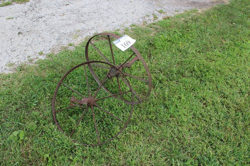 lot 169 image: Pair of Vintage Wagon Wheels wAxles for Cart.