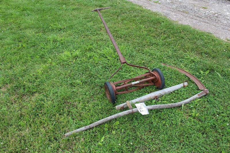 lot 184 image: Lot of (3) Including Wooden Handle Manual Push Mower Metal Scythe wWooden Handle.