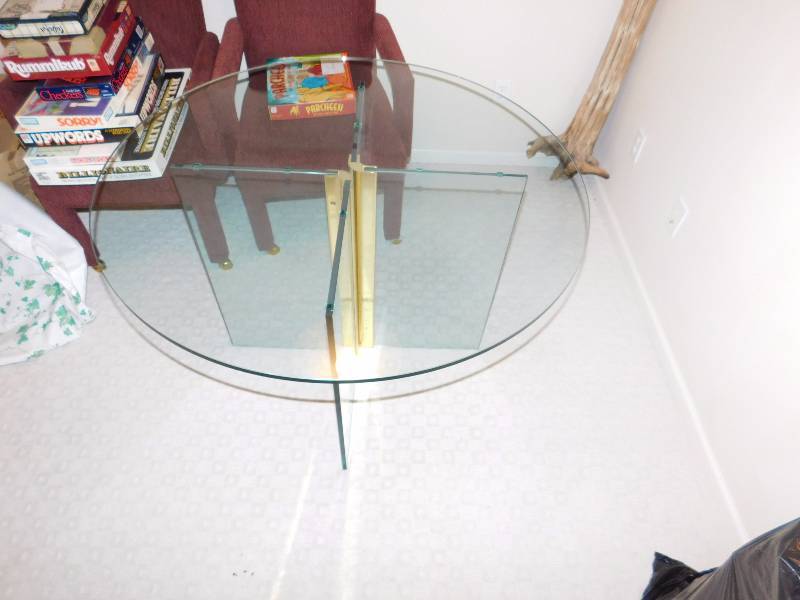 lot 6 image: 42 round glass and brass dining room table 28 tall