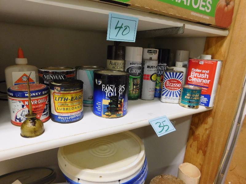 lot 35 image: shelf lot of paint and garage shop chemicals see photos