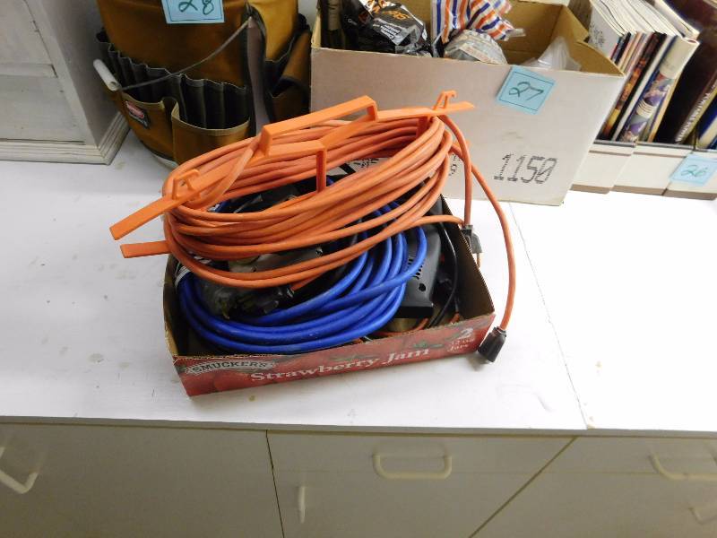 lot 42 image: two electric drills three extension cords and power box