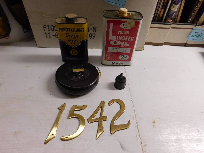 lot 45 image: vintage tape measure linseed oil and more