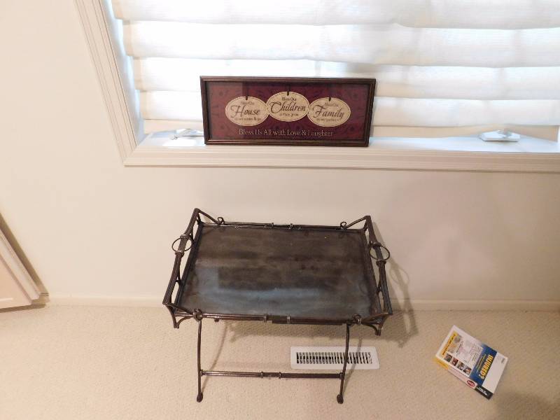 lot 56 image: metal serving tray with stand and framed art