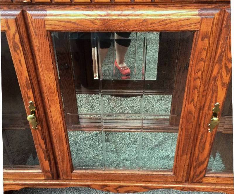 lot 018 image: Quality Richardson Bros Arts & Crafts Fine China Mirrored Lighted Solid Wood Cabinet  Hutch