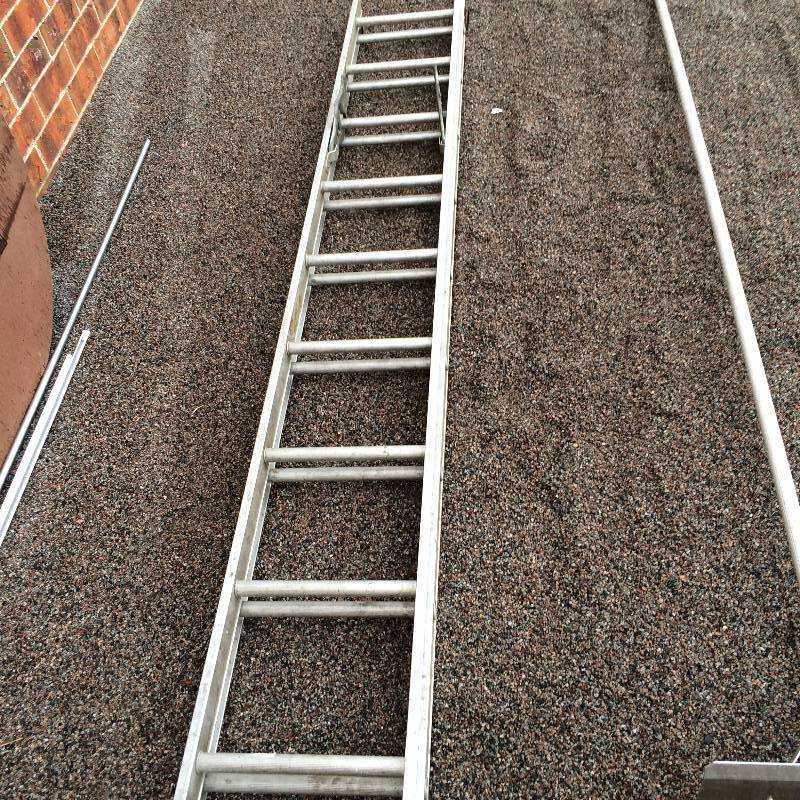 lot 021 image: Extra Long Aluminum Snow Removal Roof Rake, Vintage Pruning Pole Saw, Aluminum 20 Foot Telescopic Extension Ladder