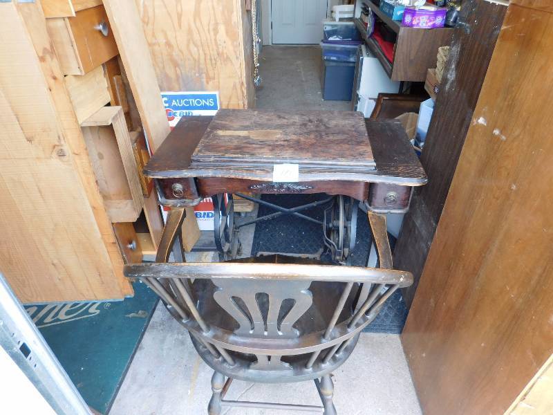 lot 10 image: antique Parisian treadle sewing machine Karpen Windsor chair