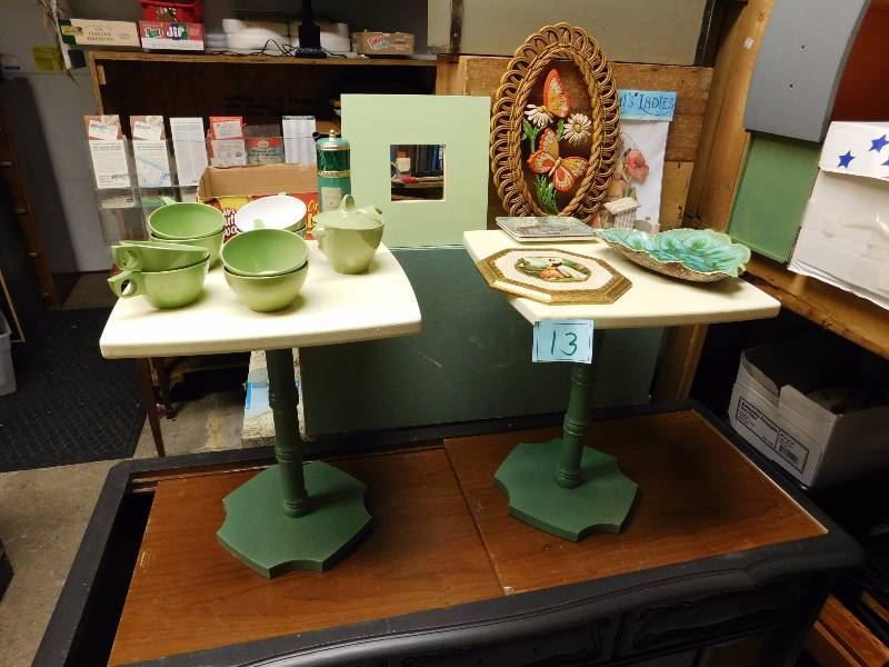 lot 13 image: two green and white end tables and several pieces of green and white decor items see photos
