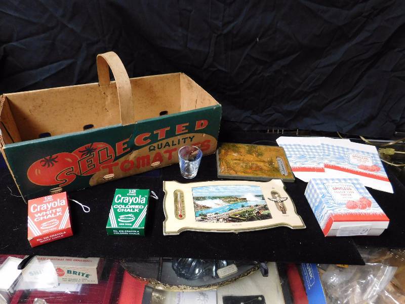lot 24 image: vintage rare tomato box Crayola chalk souvenir thermometers and more