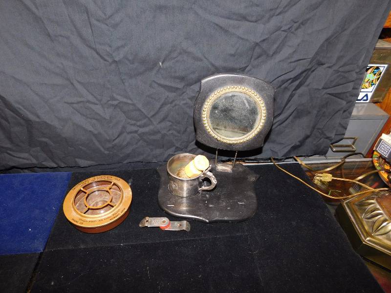 lot 29 image: vintage mans shaving mirror stand cup and brush advertising ashtray hamms item