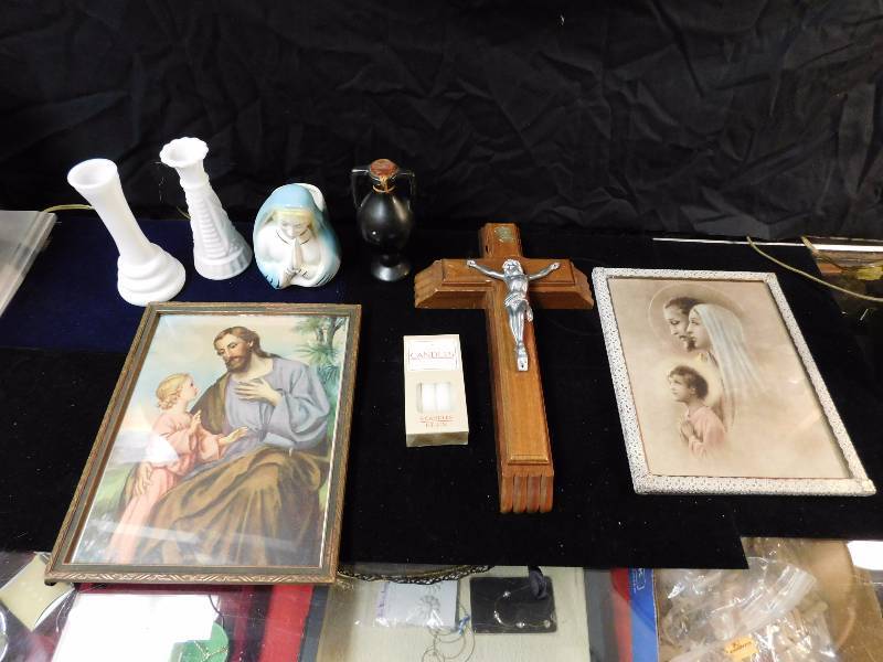 lot 30 image: religious items last rites crucifix framed Jesus Madonna planter