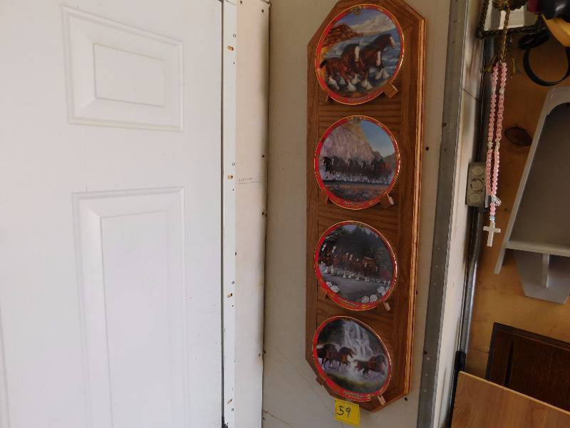 lot 16 image: 4 budweiser horse plates and hanger