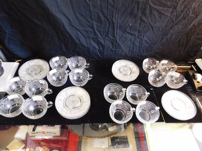 lot 60 image: very nice cups and saucers etched glass 16 sets total