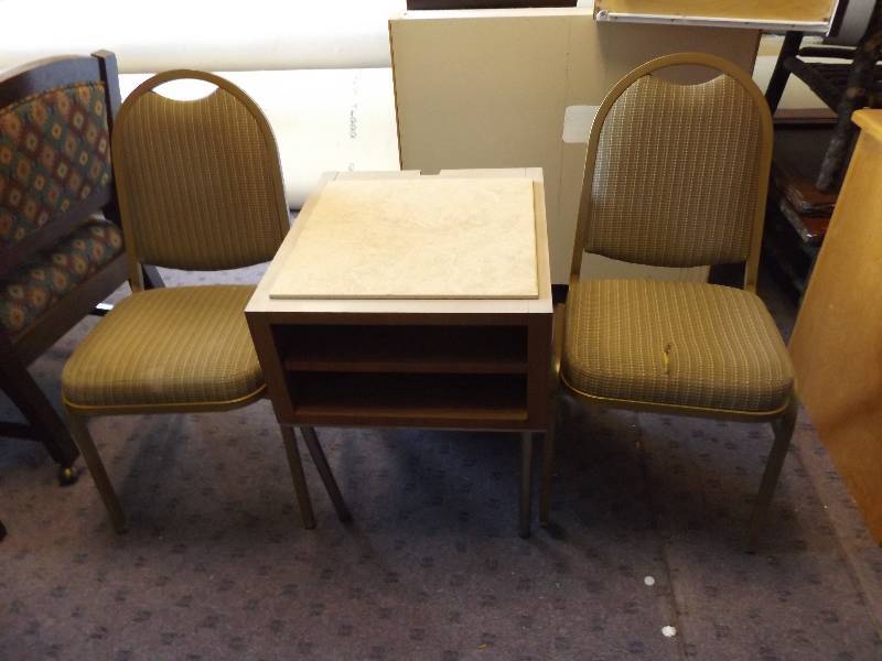 lot 118 image: End Table With MagazineTelephone Book Shelf and 2 Straight Back Chairs