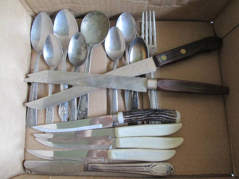 Box of table spoons, steak knives, ...