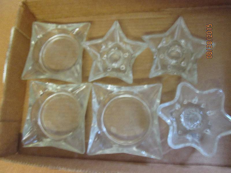 3 old glass candle holders, 3 heavy...