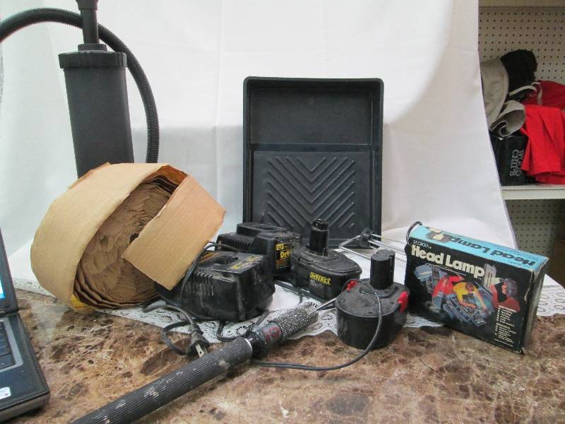 lot 71 image: Foot pump, paint roller, Dewalt 18v...