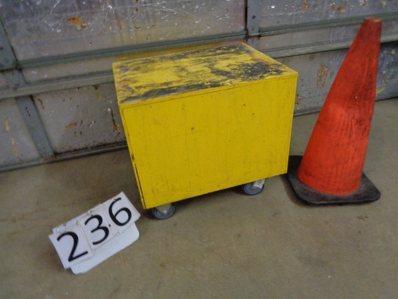 Wooden Box on Casters and Construstion Cone