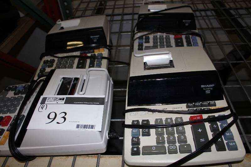 lot 93 image: Lot of (4) Sharp EL-1197PII 12 Digit Electronic Adding Calculators wCords & Printers.