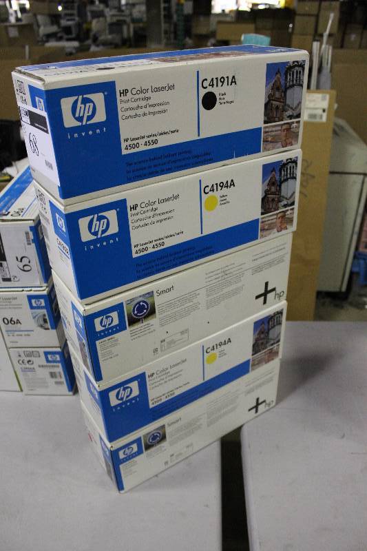 lot 68 image: Box Lot of (5) HP Print Cartridge Including Types C4191A Black C4194A Yellow C4192A Blue. C4193A Magenta.