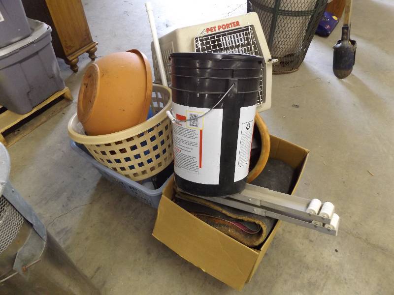 lot 114 image: Pet Carrier, Plastic Laundry Baskets, Flower Pots, Ice Melt, Entry Rugs