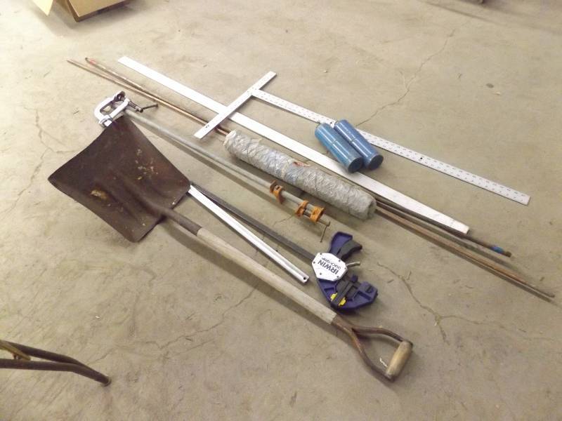 lot 138 image: Shovel, Large T Square, Long Clamp, Copper Tubes, Flat Aluminum Rod