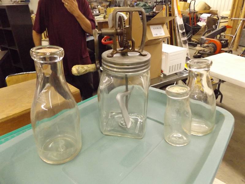 lot 154 image: Vintage Butter Churn, Milk Bottles, Horse Shoes