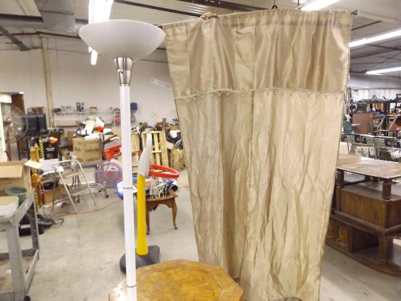lot 167 image: White Standing Lamp, Octagonal End Table, Gold Curtain