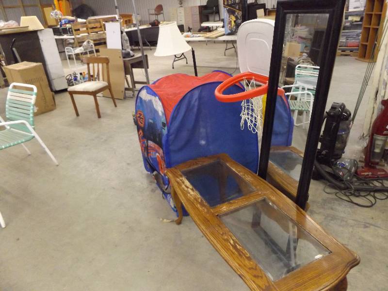 lot 294 image: Childrens Fold Up Tent, Little Tikes Basketball hoop, Side Table with Attached Lamp, Mirror, Glass Top Coffee Table