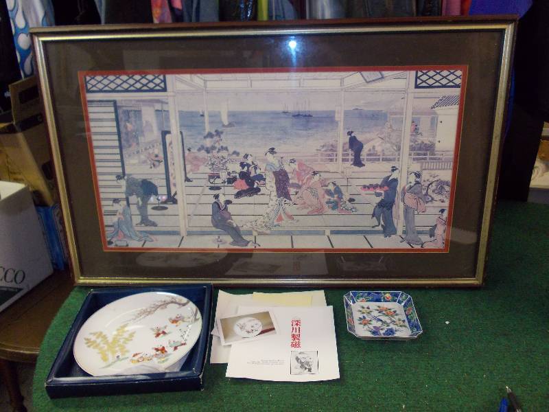 Framed Asian Print, Fukagawa Porcelain Plate