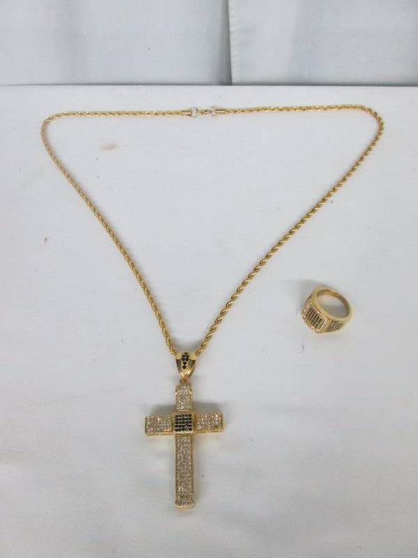 lot 97 image: Stainless Steel Mens Goldtone Cross & Ring Set