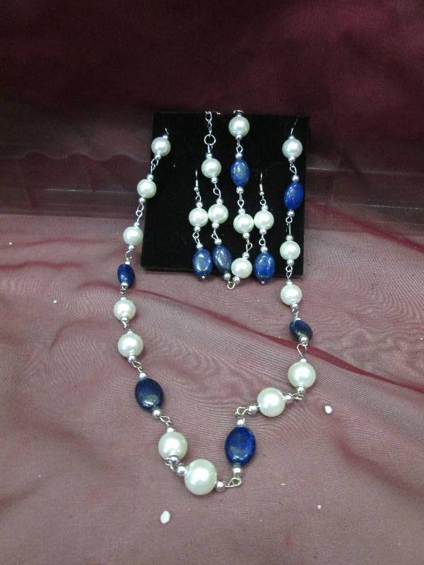 white and blue bead necklace, bracl...